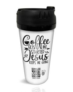 Double-walled Coffee Mug with design - Coffee gets me started Jesus keeps me going
